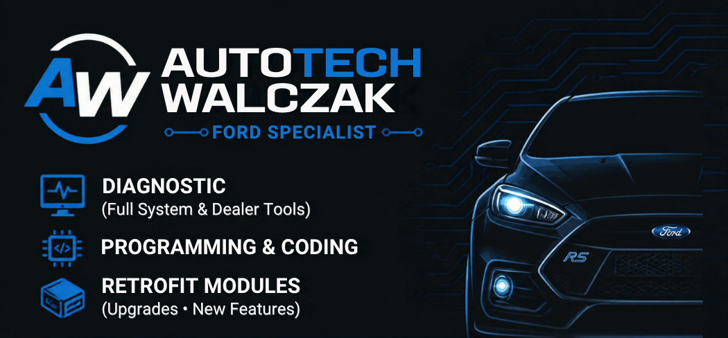 AutoTech Walczak Ford specialist branding with a Ford vehicle illustration