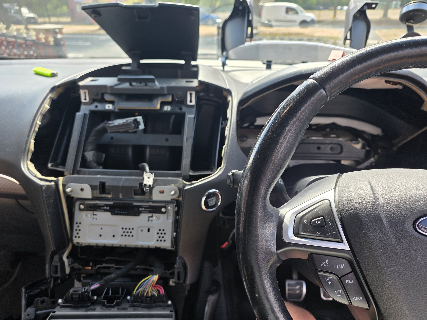 Ford centre console dismantled during an infotainment retrofit